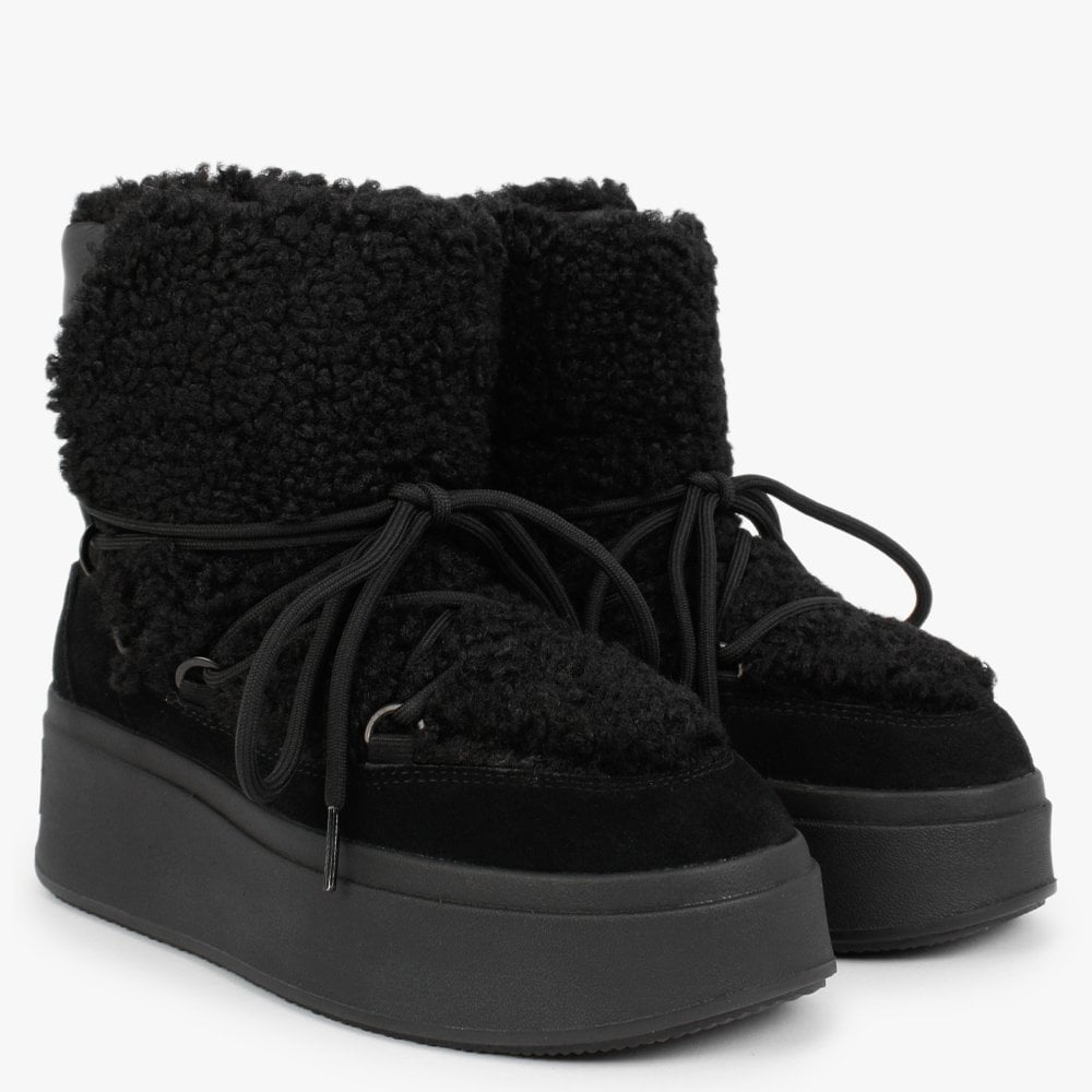 Moboo Black Faux Shearling Nylon Ankle Boots
