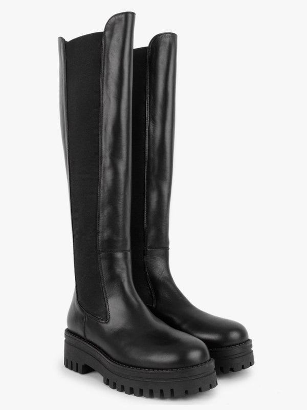 Fleat Black Leather Chelsea Knee Boots