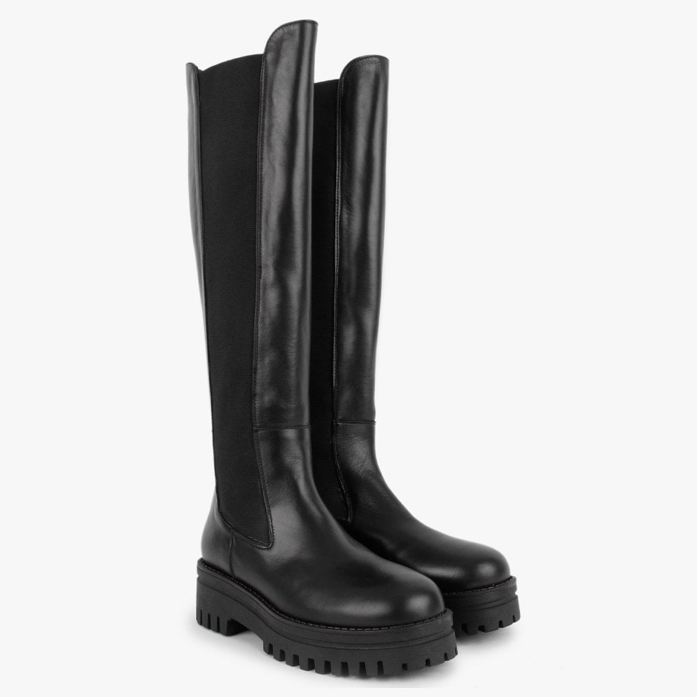 Fleat Black Leather Chelsea Knee Boots