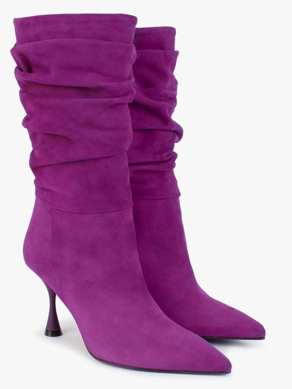 Fointed Purple Suede Ruched Calf Boots