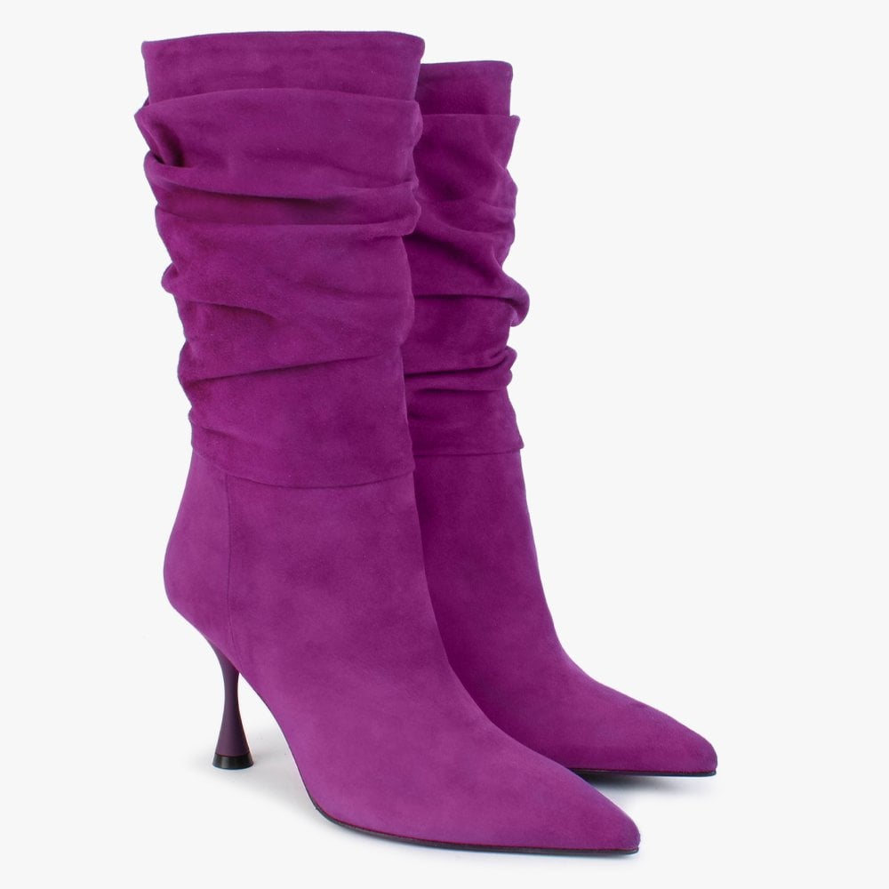 Fointed Purple Suede Ruched Calf Boots