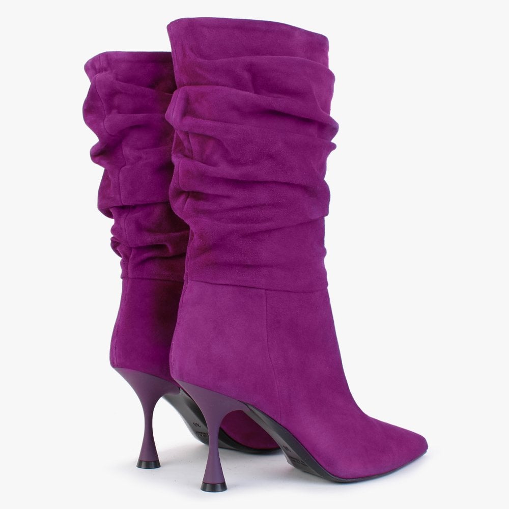 Fointed Purple Suede Ruched Calf Boots