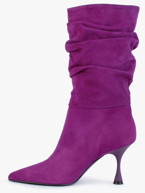 Fointed Purple Suede Ruched Calf Boots