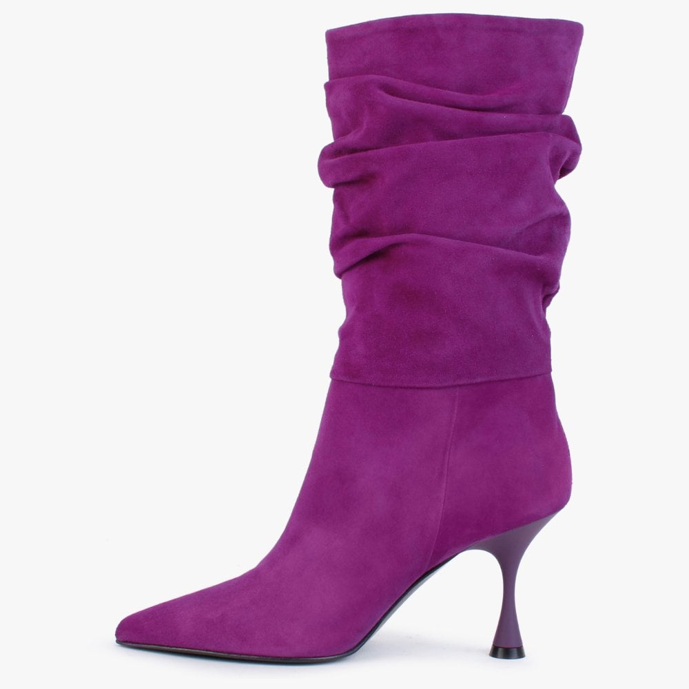Fointed Purple Suede Ruched Calf Boots