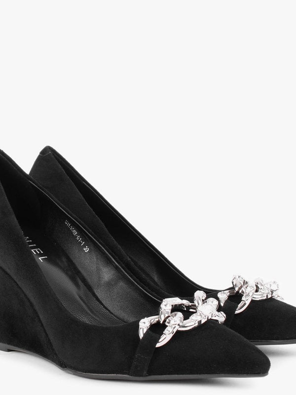 Sochain Black Suede Embellished Wedge Court Shoes