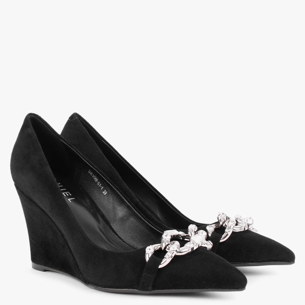 Sochain Black Suede Embellished Wedge Court Shoes
