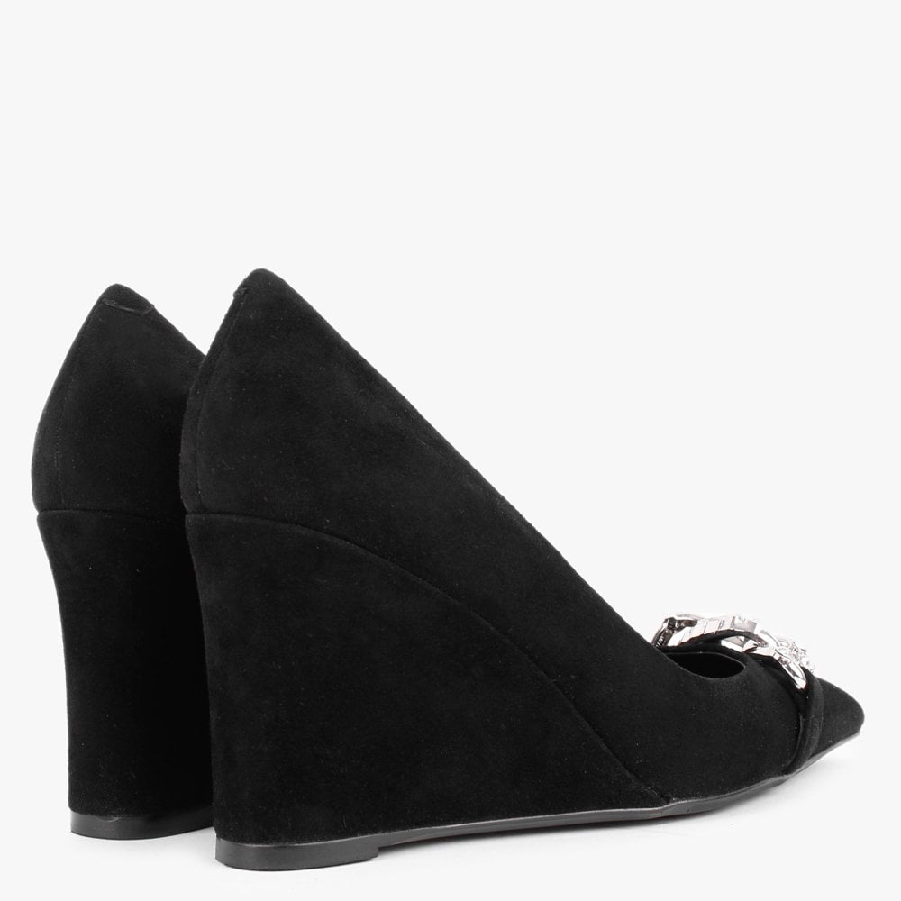 Sochain Black Suede Embellished Wedge Court Shoes