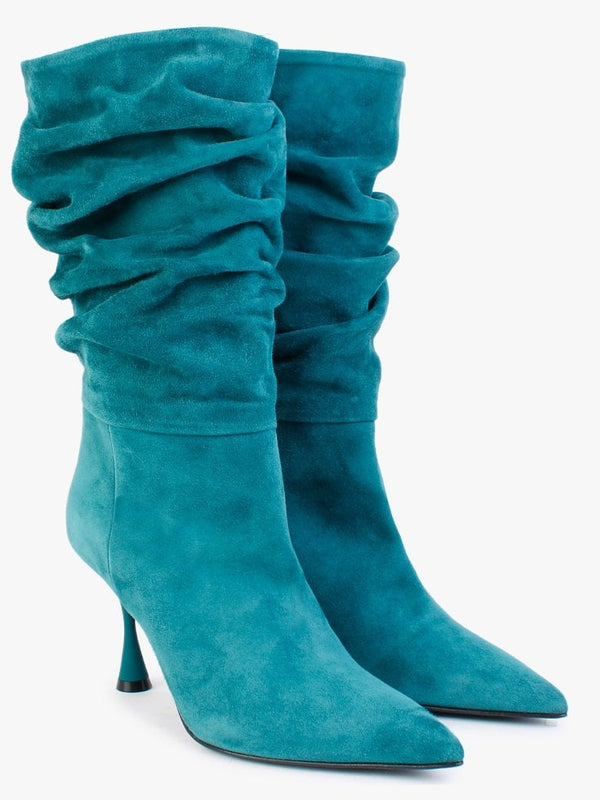 Fointed Teal Suede Ruched Calf Boots