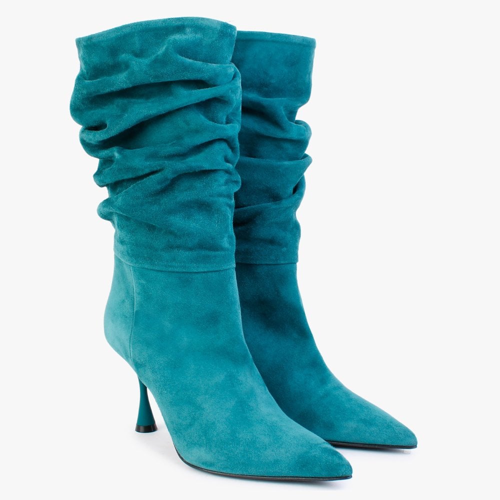 Fointed Teal Suede Ruched Calf Boots