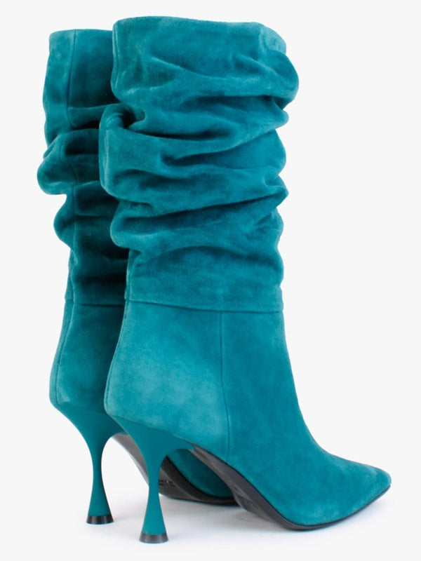 Fointed Teal Suede Ruched Calf Boots