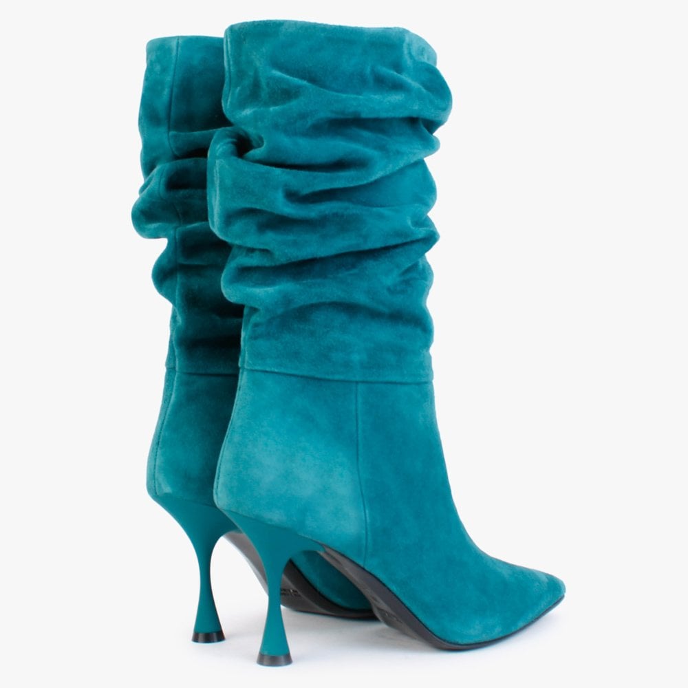 Fointed Teal Suede Ruched Calf Boots