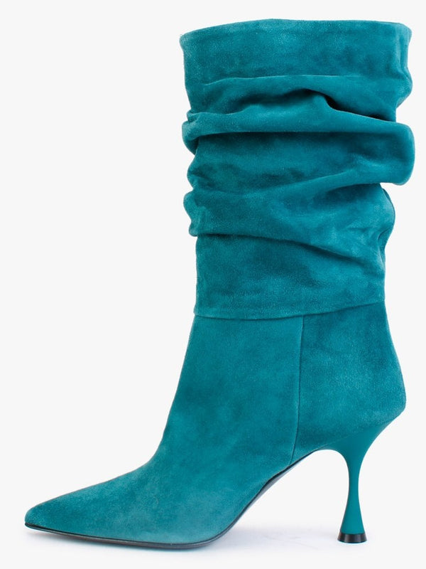 Fointed Teal Suede Ruched Calf Boots