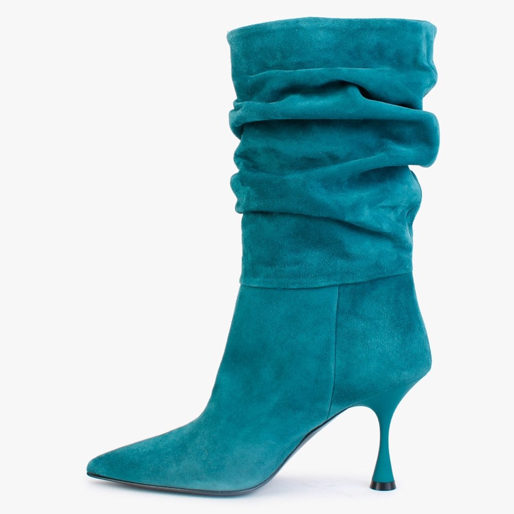 Fointed Teal Suede Ruched Calf Boots