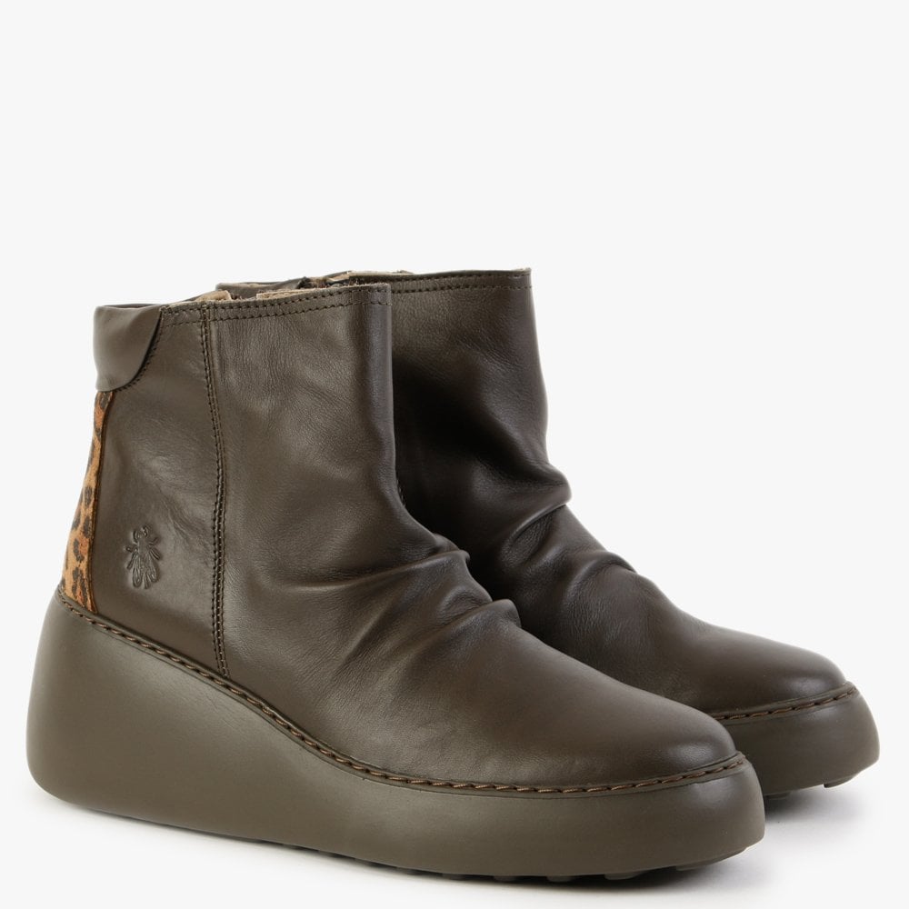 Dabe Dark Green Leather Wedge Ankle Boots