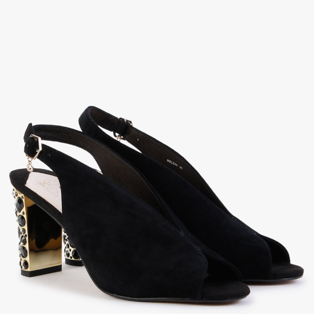 Meloni Black Suede Embellished Heeled Sandals