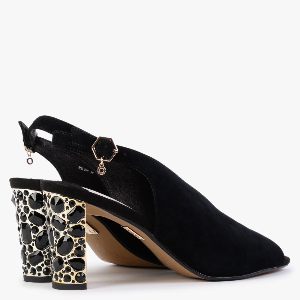Meloni Black Suede Embellished Heeled Sandals