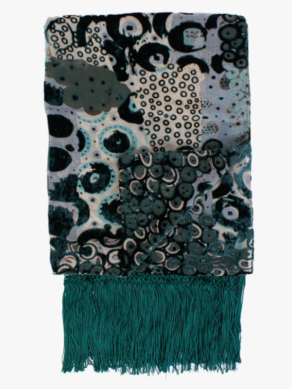 Devore Teal Abstract Tassel Trim Scarf