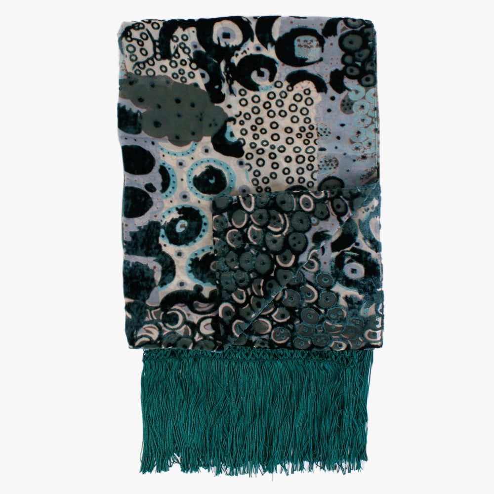 Devore Teal Abstract Tassel Trim Scarf