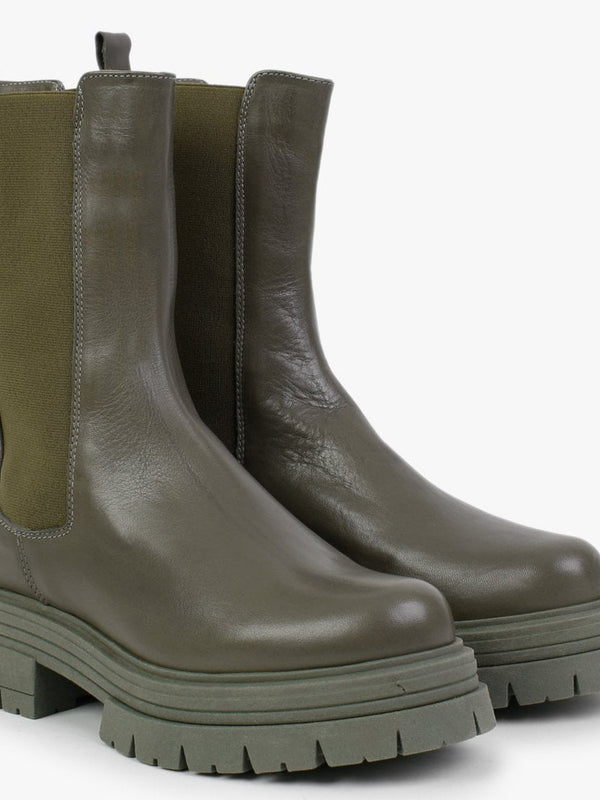 Emme Khaki Leather Chunky Chelsea Boots