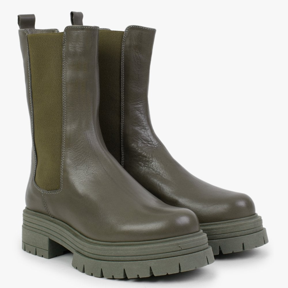 Emme Khaki Leather Chunky Chelsea Boots