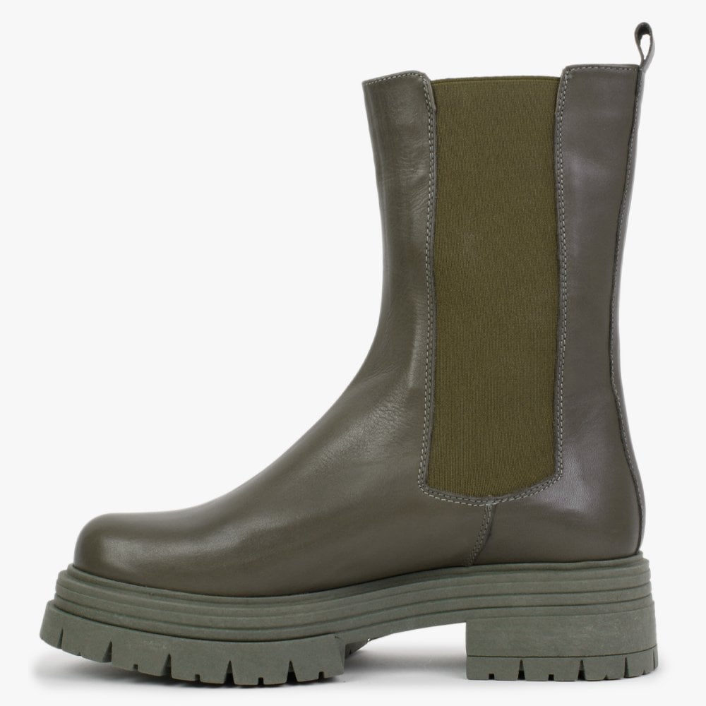 Emme Khaki Leather Chunky Chelsea Boots