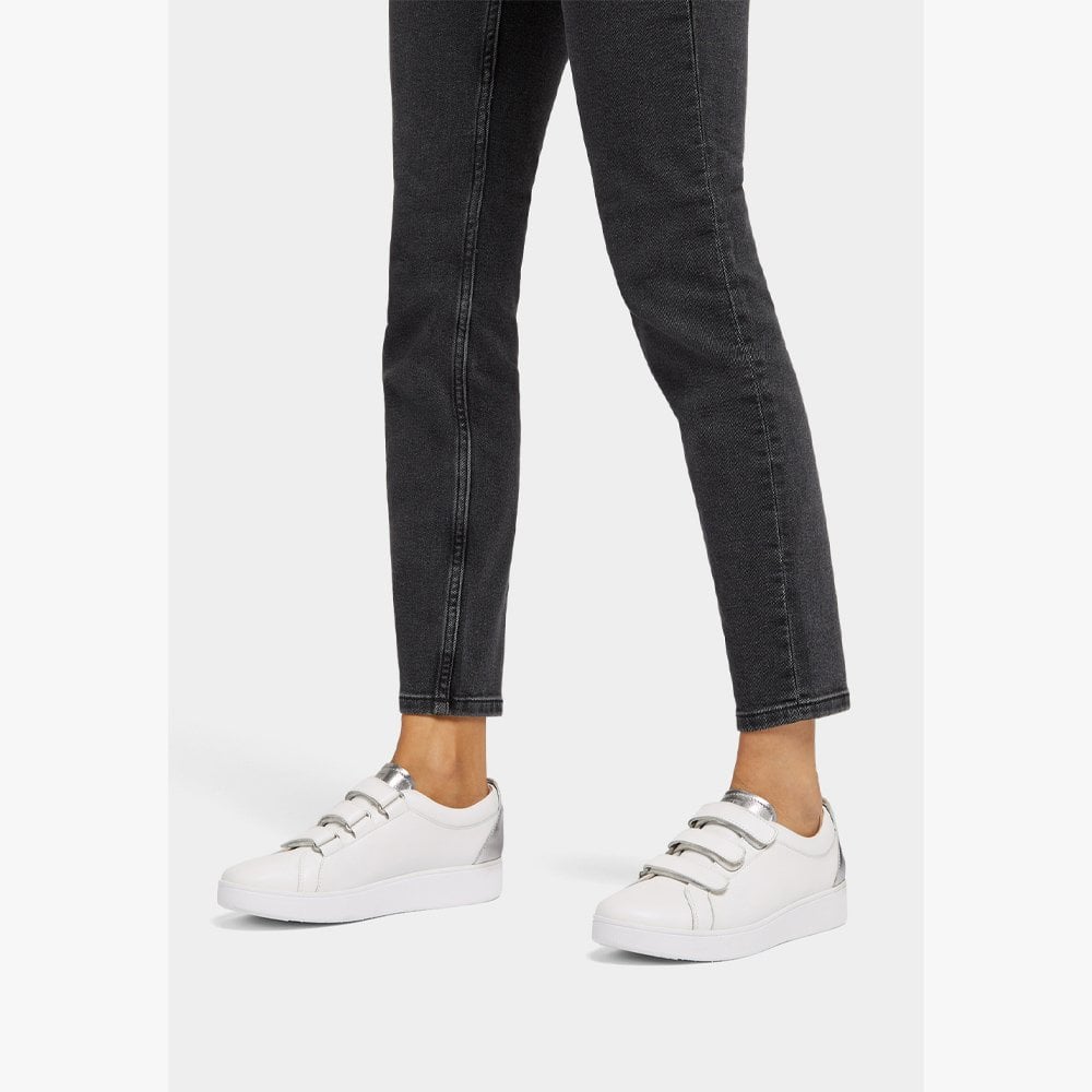 Rally Metallic-Back Urban White Silver Leather Strap Trainers