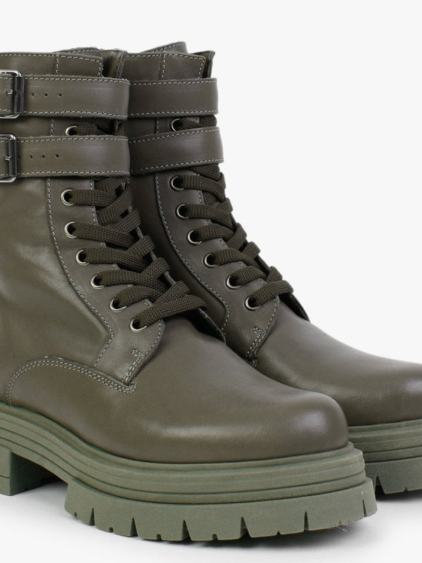 Emme Khaki Leather Lace Up Ankle Boots
