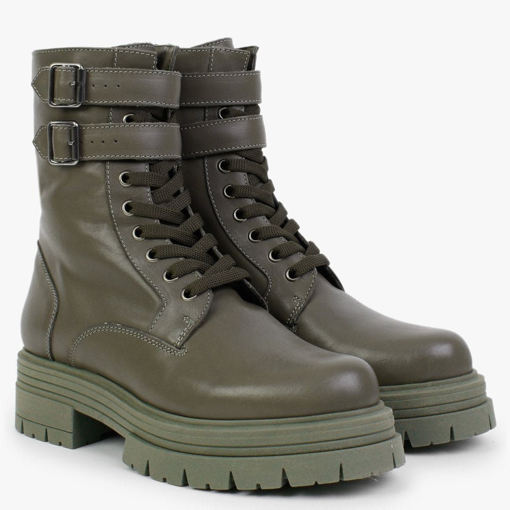 Emme Khaki Leather Lace Up Ankle Boots