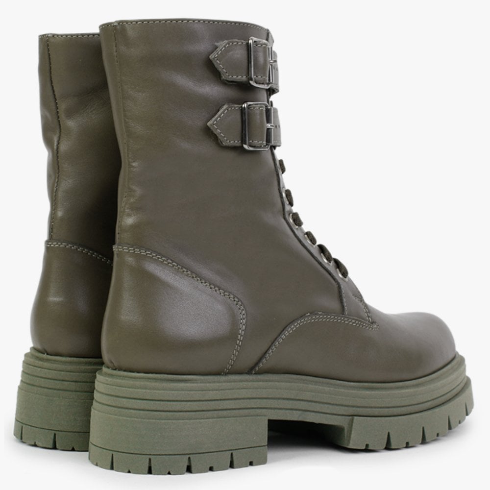 Emme Khaki Leather Lace Up Ankle Boots