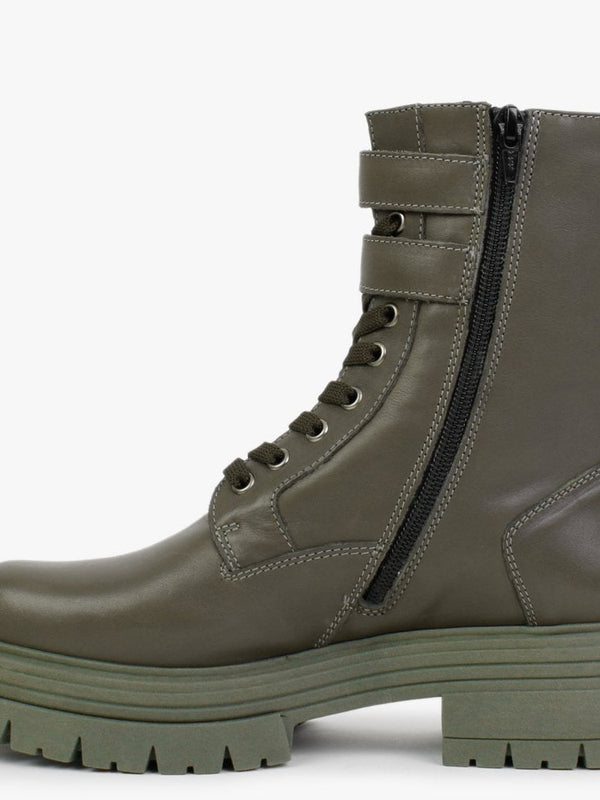 Emme Khaki Leather Lace Up Ankle Boots