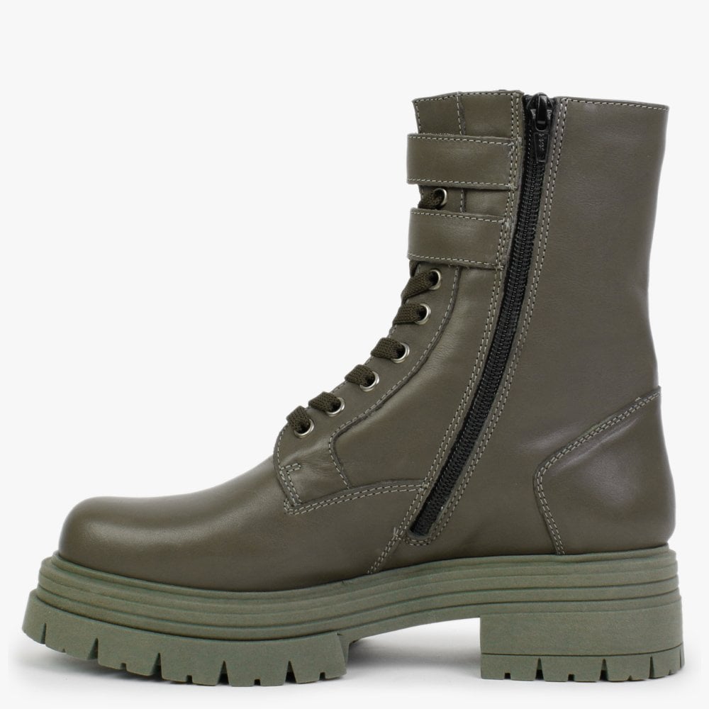 Emme Khaki Leather Lace Up Ankle Boots