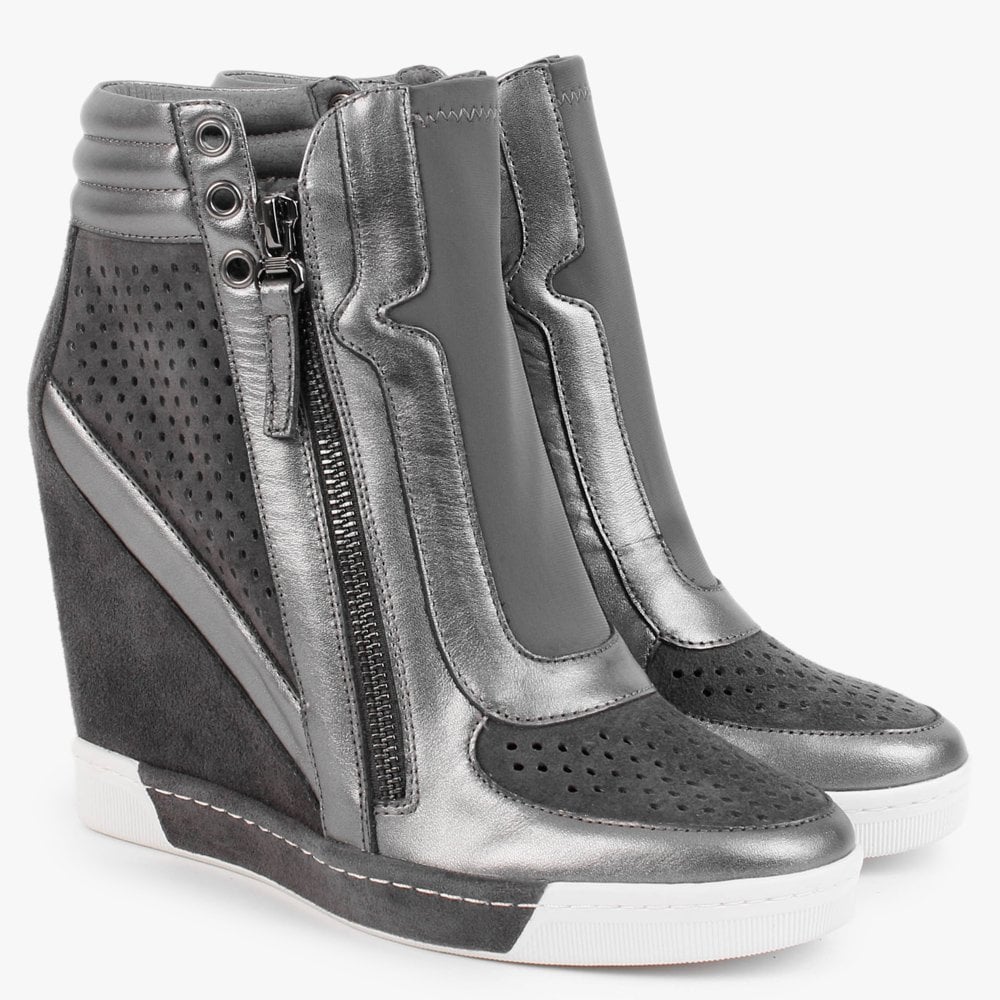 Perfo Grey Suede & Leather Concealed Wedge Trainers
