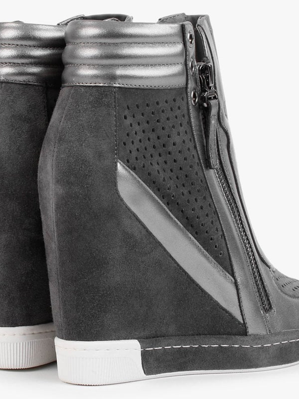 Perfo Grey Suede & Leather Concealed Wedge Trainers
