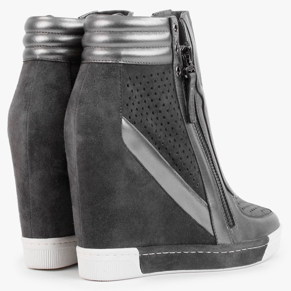 Perfo Grey Suede & Leather Concealed Wedge Trainers