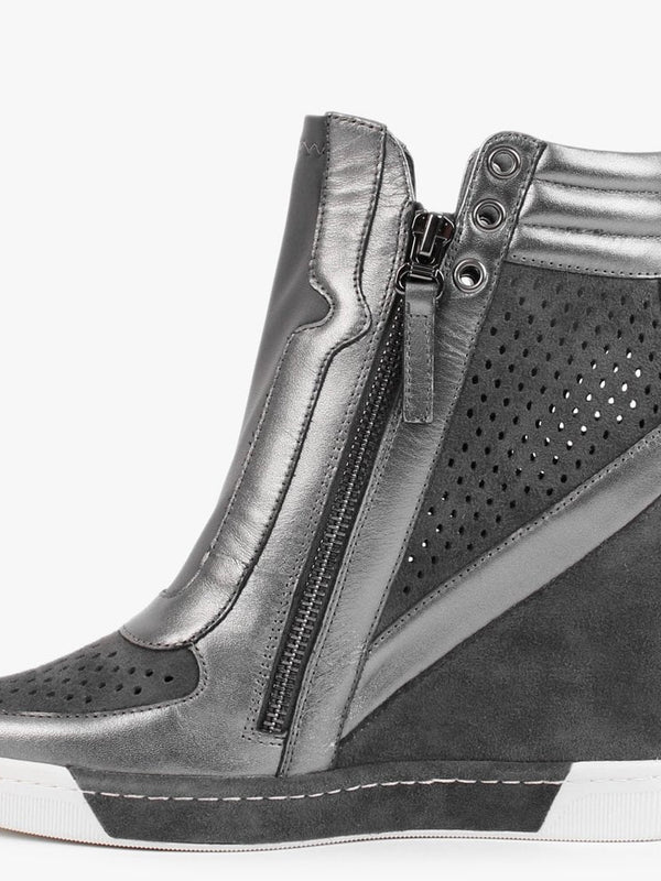 Perfo Grey Suede & Leather Concealed Wedge Trainers