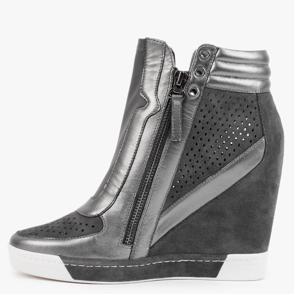 Perfo Grey Suede & Leather Concealed Wedge Trainers