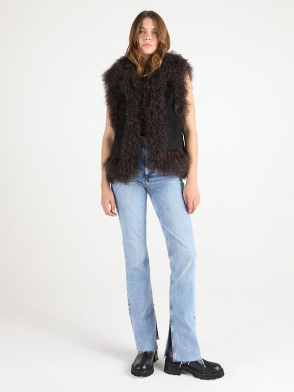 Jane Chocolate Brown & Black Mongolian Trim Gilet
