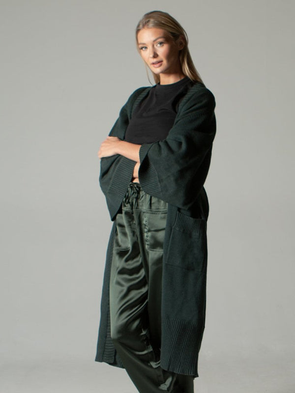 Khaki Long Length Satin Back Cardigan