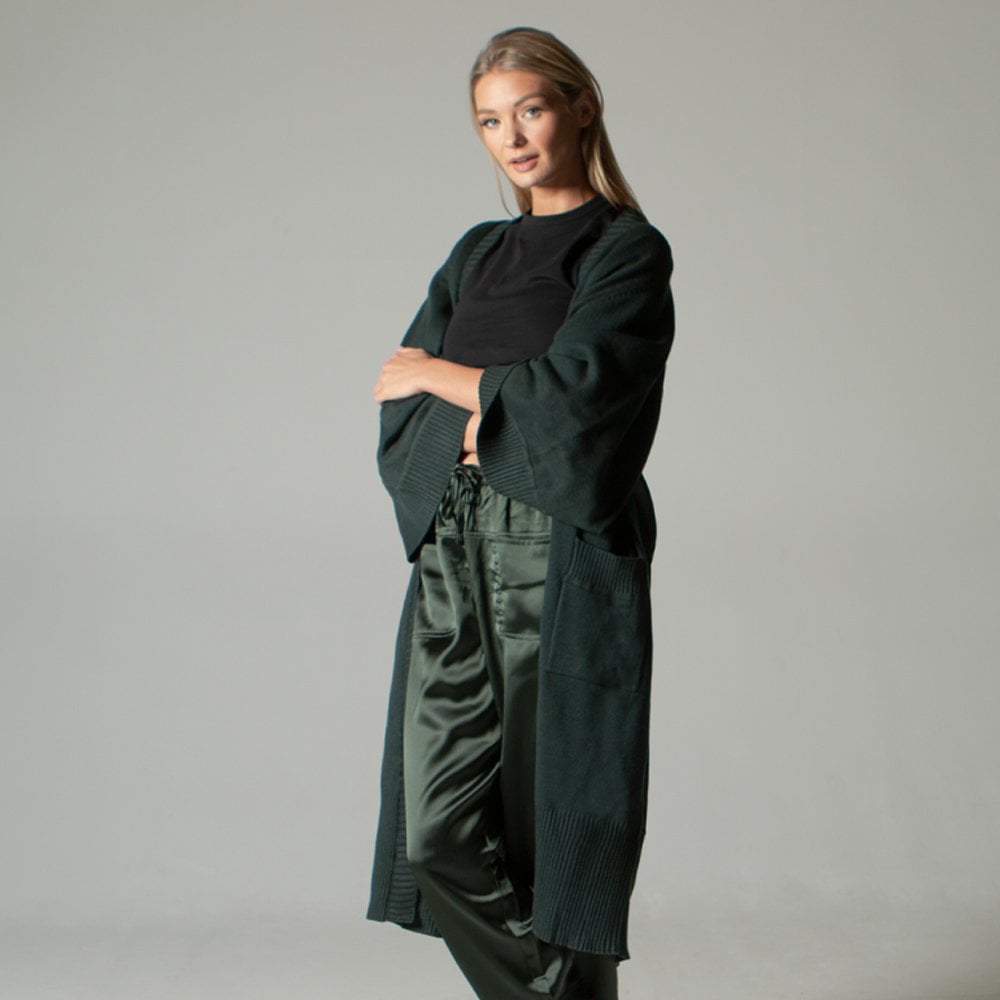 Khaki Long Length Satin Back Cardigan