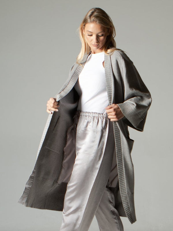 Grey Long Length Satin Back Cardigan