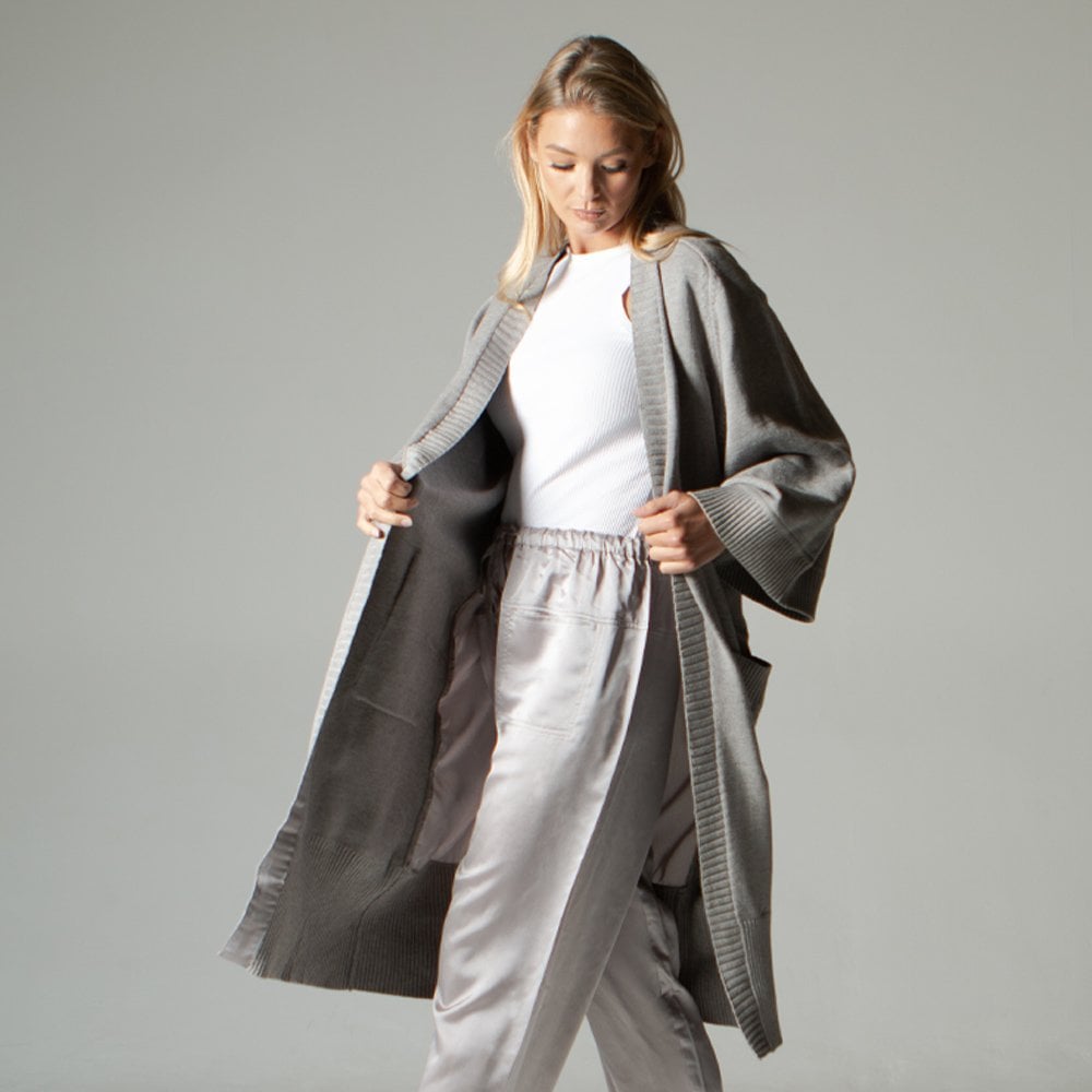 Grey Long Length Satin Back Cardigan