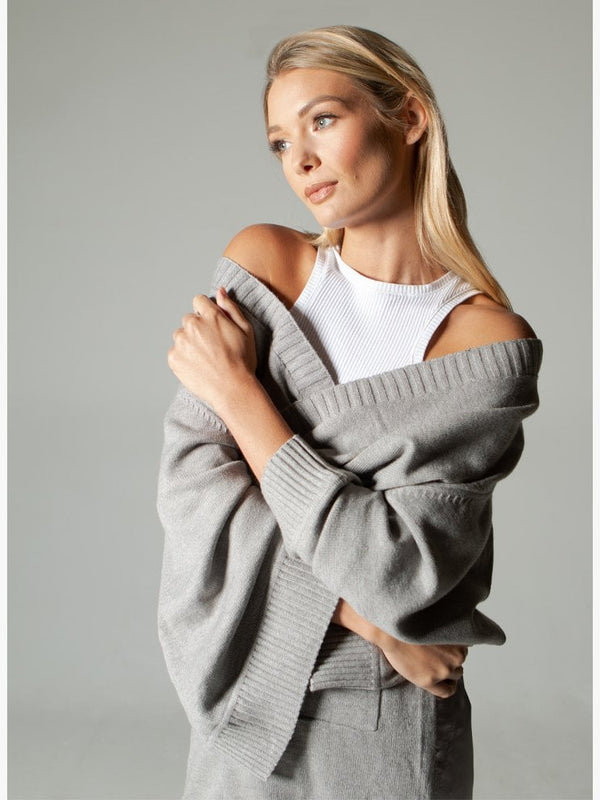 Grey Long Length Satin Back Cardigan