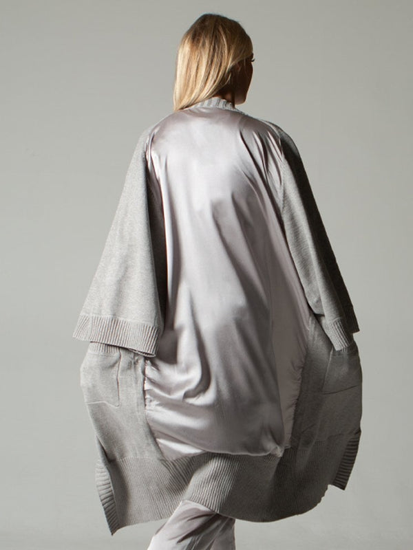 Grey Long Length Satin Back Cardigan