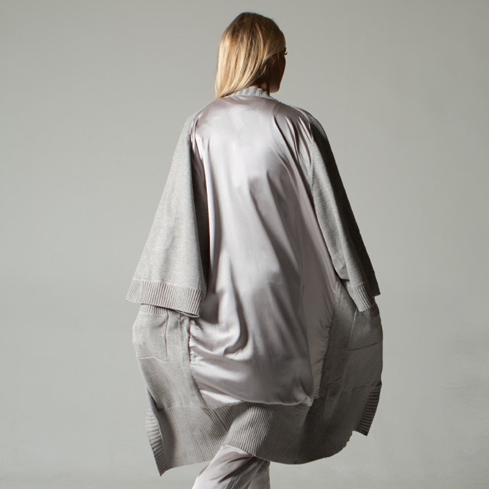 Grey Long Length Satin Back Cardigan