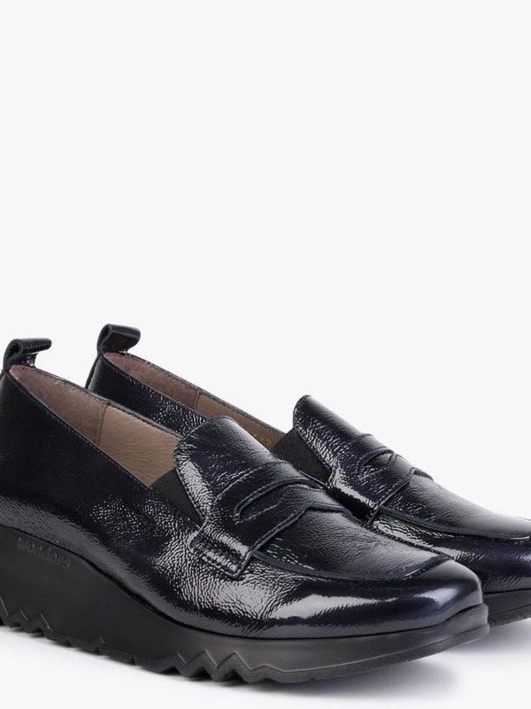 Pluto Navy Patent Leather Low Wedge Loafers