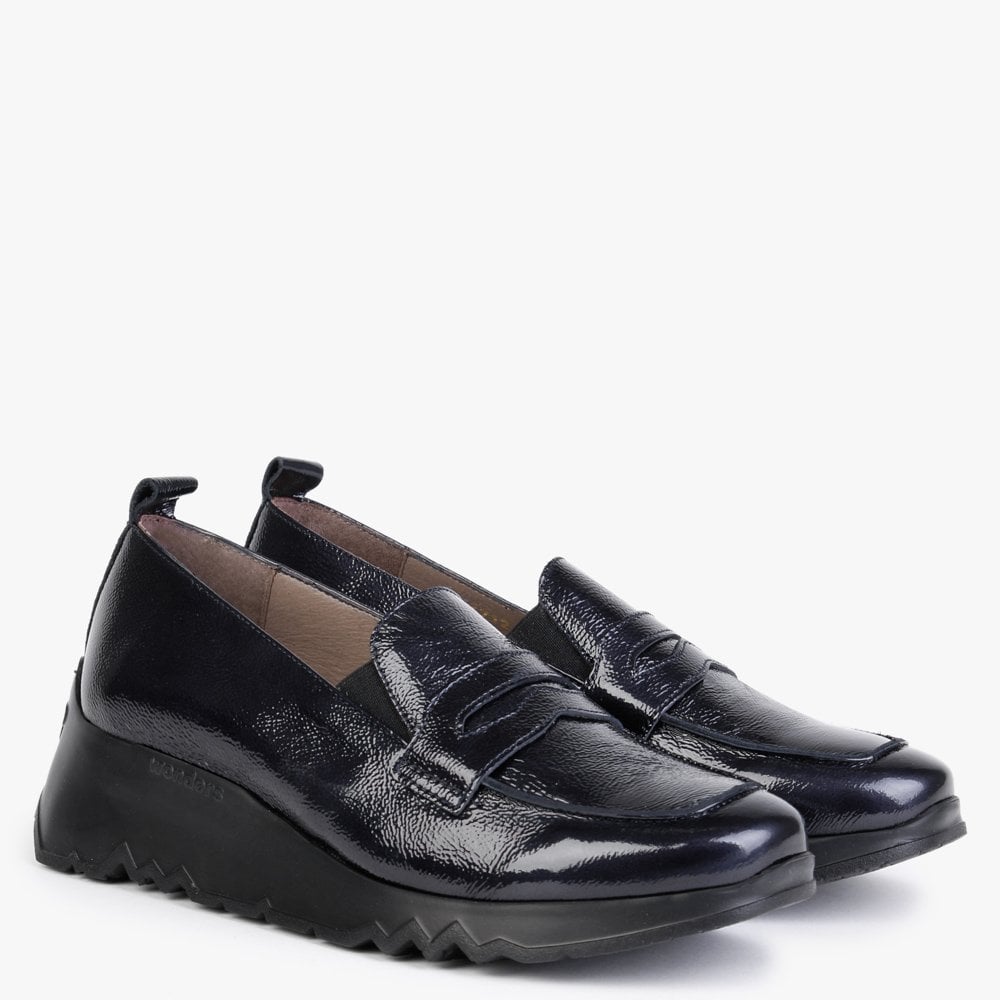 Pluto Navy Patent Leather Low Wedge Loafers