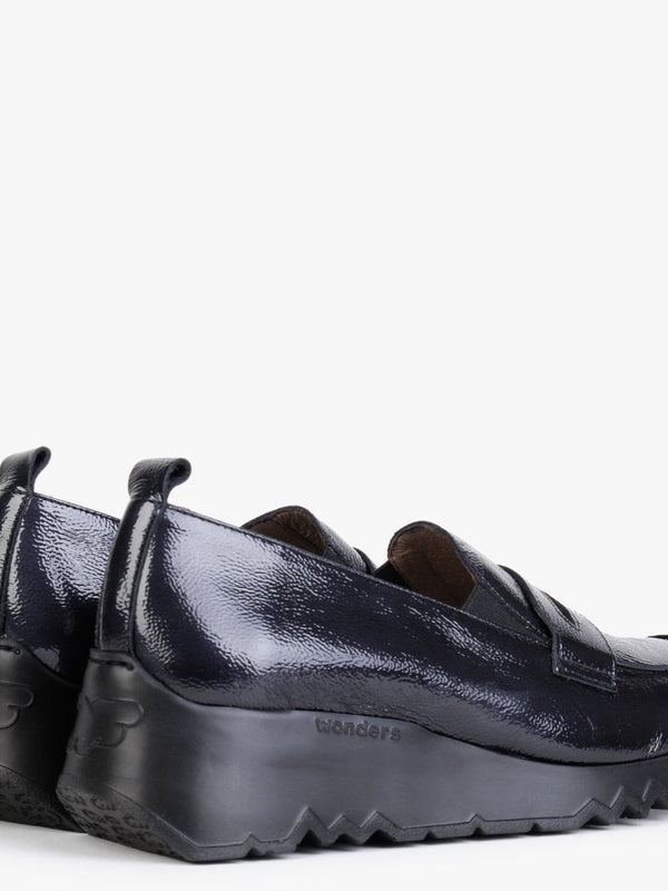 Pluto Navy Patent Leather Low Wedge Loafers
