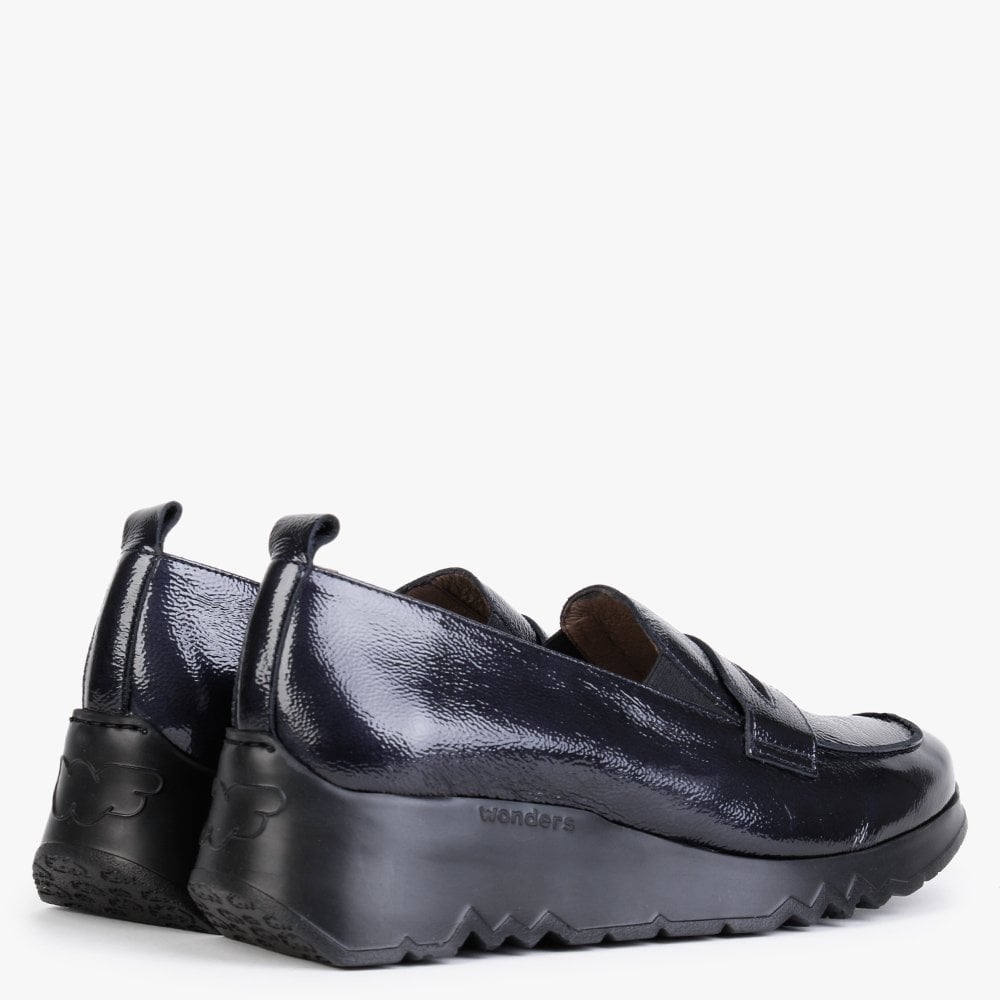 Pluto Navy Patent Leather Low Wedge Loafers