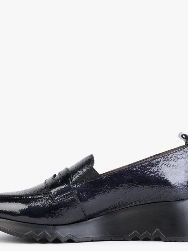 Pluto Navy Patent Leather Low Wedge Loafers