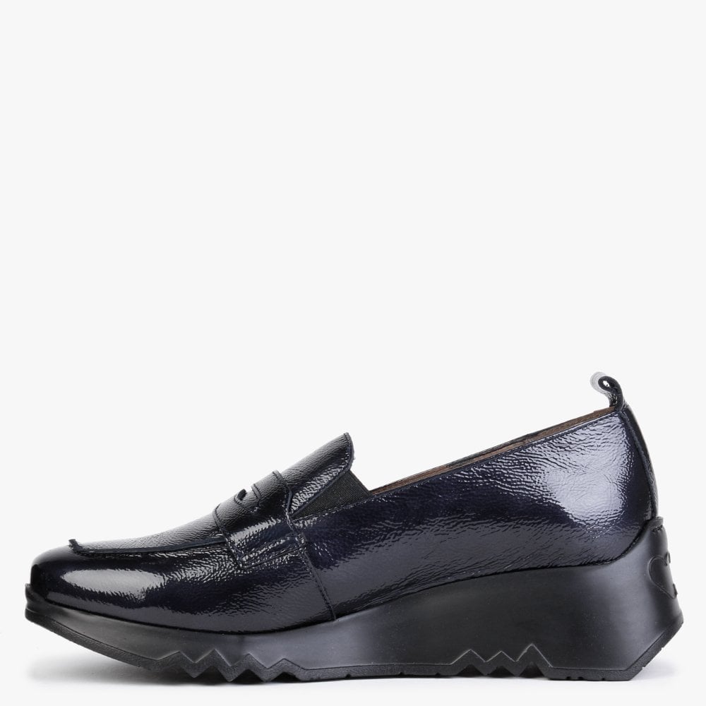 Pluto Navy Patent Leather Low Wedge Loafers